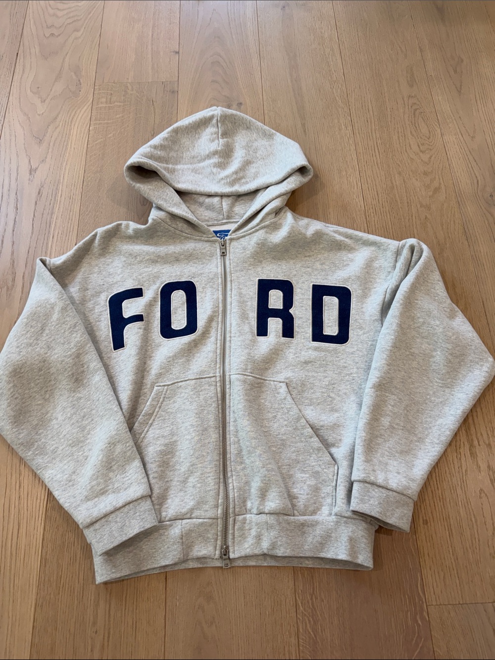 Ford Kids Heather Gray Zip-Up Hoodie with Navy Letters Men’s Small